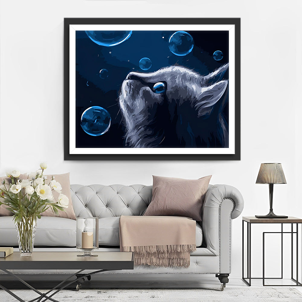 Graue Katze und Seifenblasen Diamond Painting