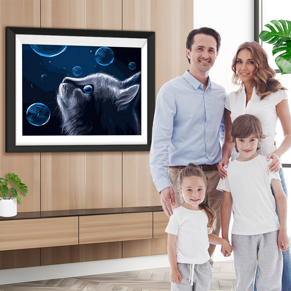 Graue Katze und Seifenblasen Diamond Painting