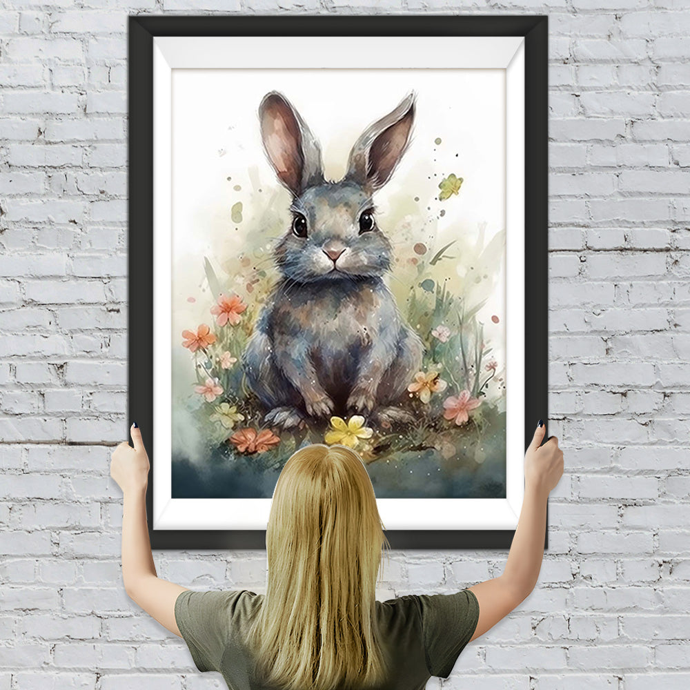 Graues Kaninchen und Blumen Diamond Painting