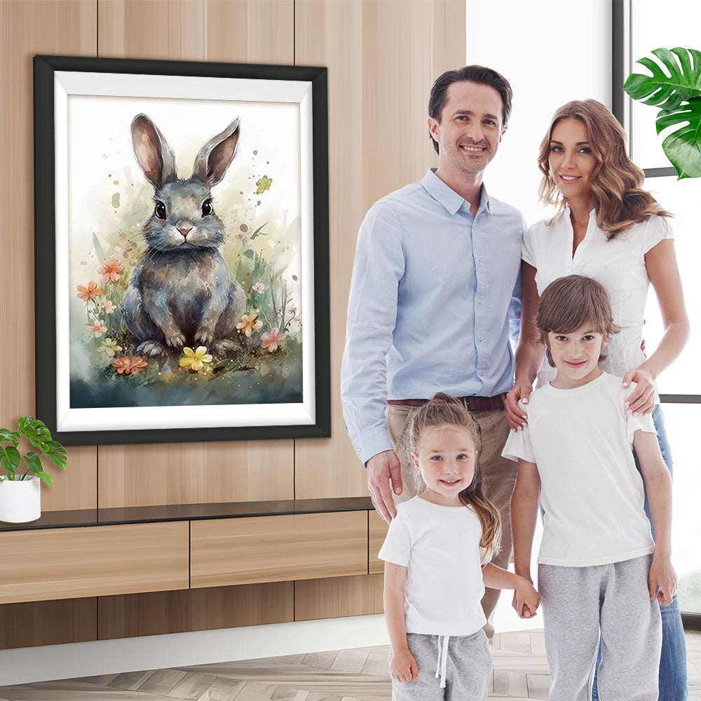 Graues Kaninchen und Blumen Diamond Painting