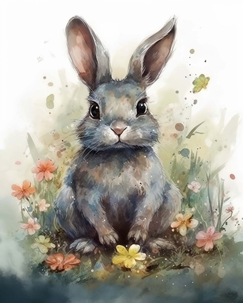 Graues Kaninchen und Blumen Diamond Painting