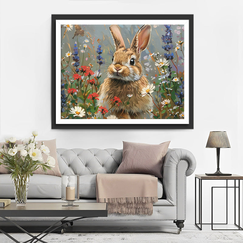 Graues Kaninchen zwischen wilden Blumen Diamond Painting