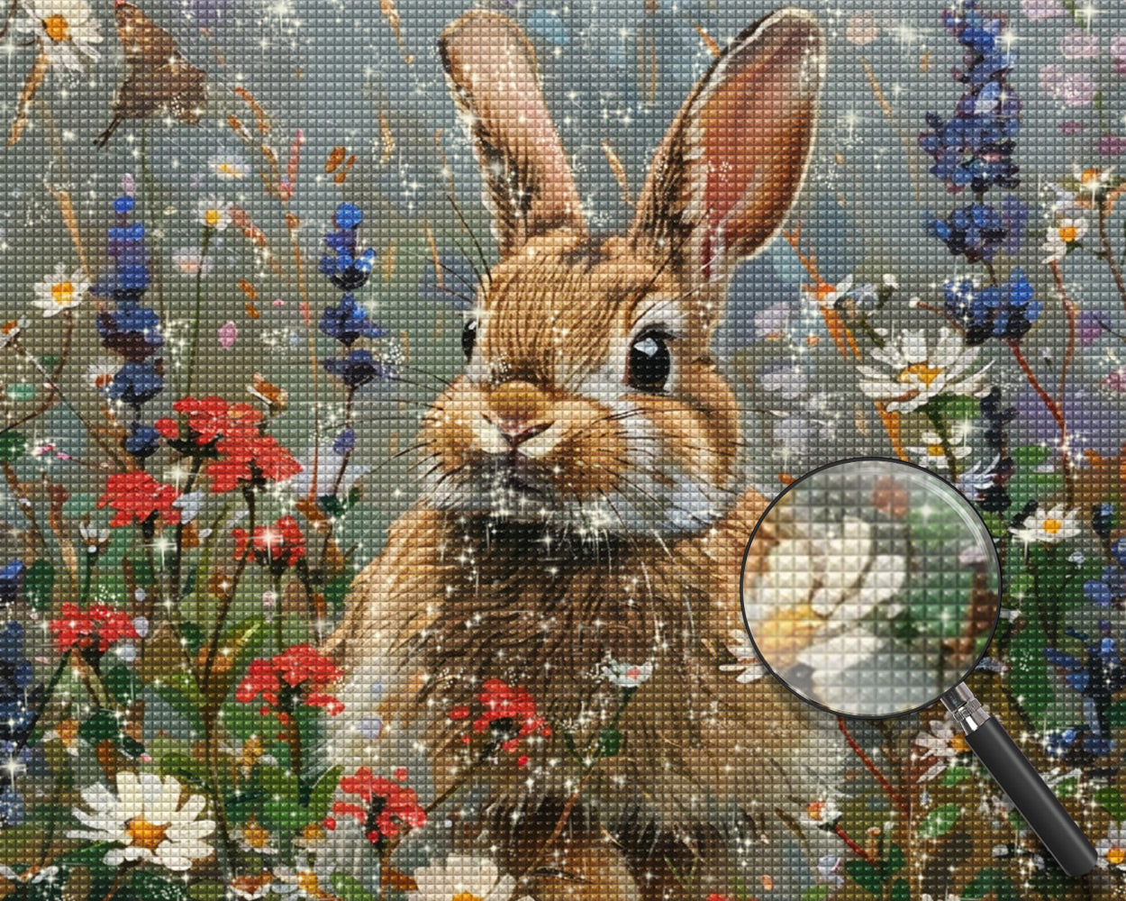 Graues Kaninchen zwischen wilden Blumen Diamond Painting