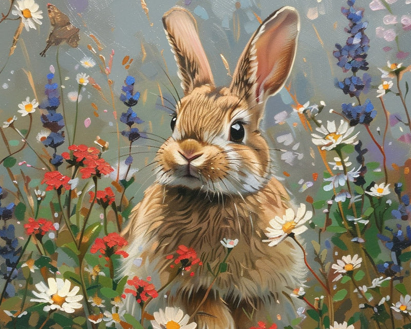 Graues Kaninchen zwischen wilden Blumen Diamond Painting
