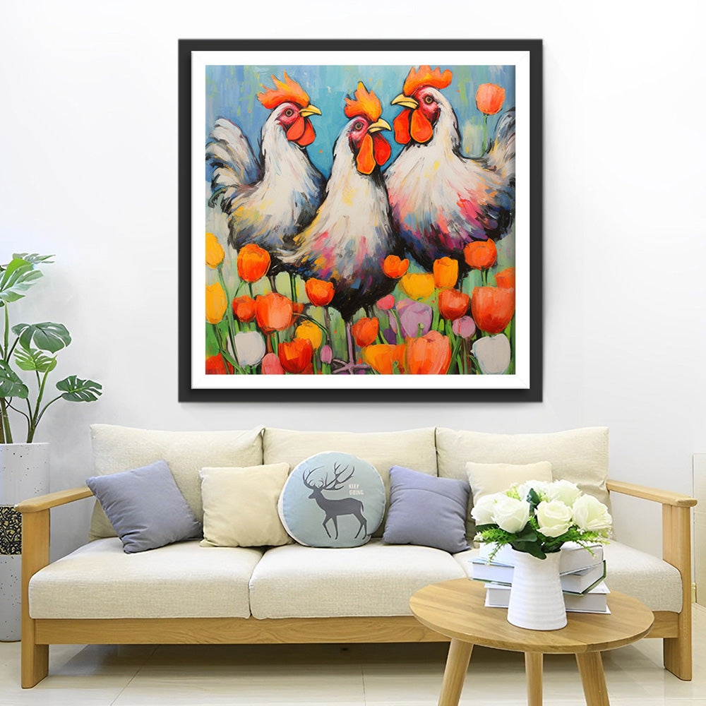 Große Hähne im Tulpengarten Diamond Painting