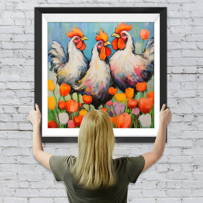 Große Hähne im Tulpengarten Diamond Painting