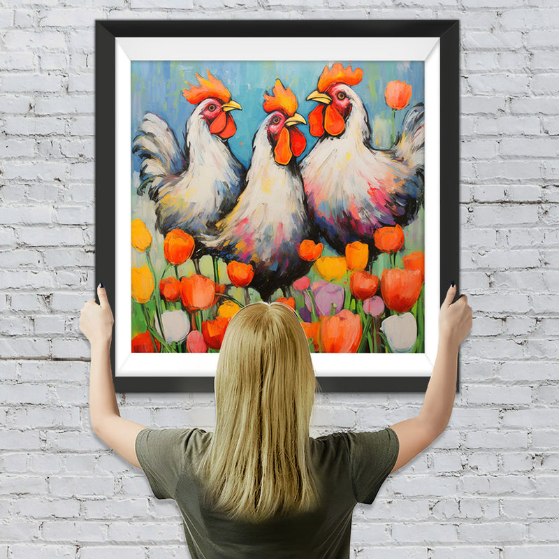 Große Hähne im Tulpengarten Diamond Painting