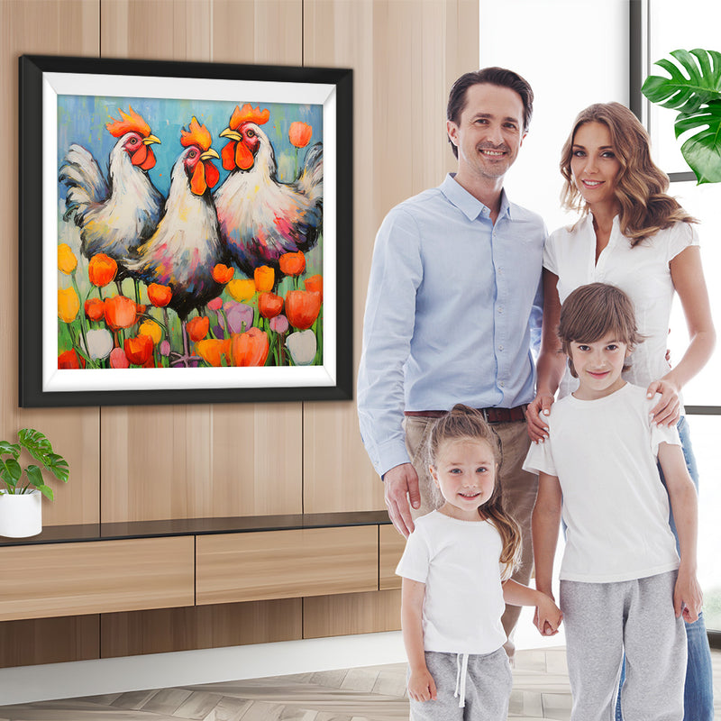 Große Hähne im Tulpengarten Diamond Painting