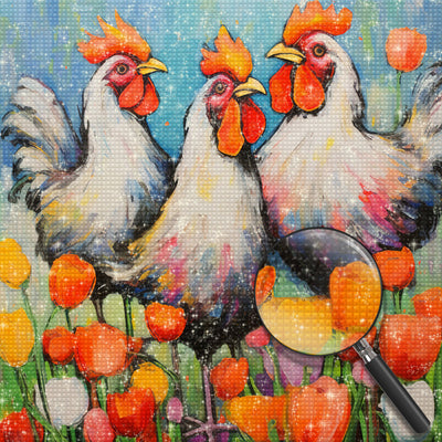 Große Hähne im Tulpengarten Diamond Painting