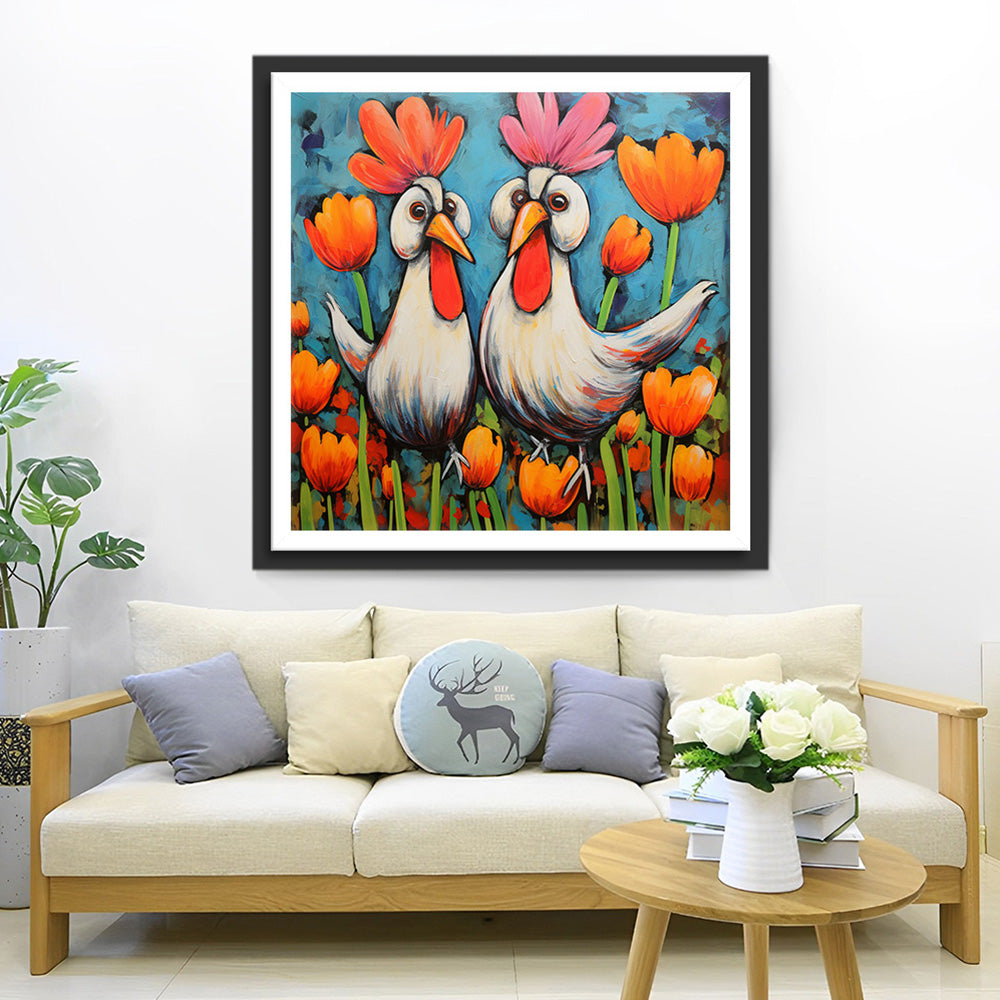 Große Hähne und Tulpen Diamond Painting