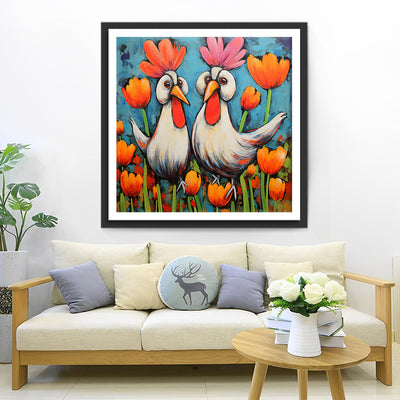 Große Hähne und Tulpen Diamond Painting