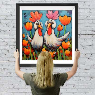 Große Hähne und Tulpen Diamond Painting