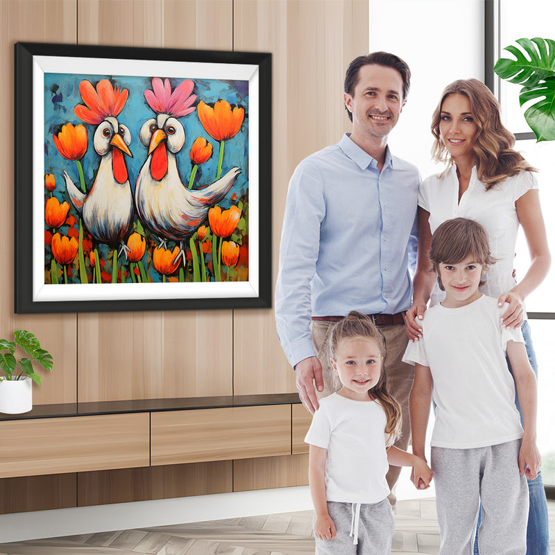 Große Hähne und Tulpen Diamond Painting