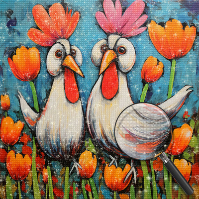Große Hähne und Tulpen Diamond Painting