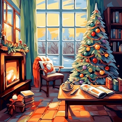 Großer Weihnachtsbaum am Fenster Diamond Painting