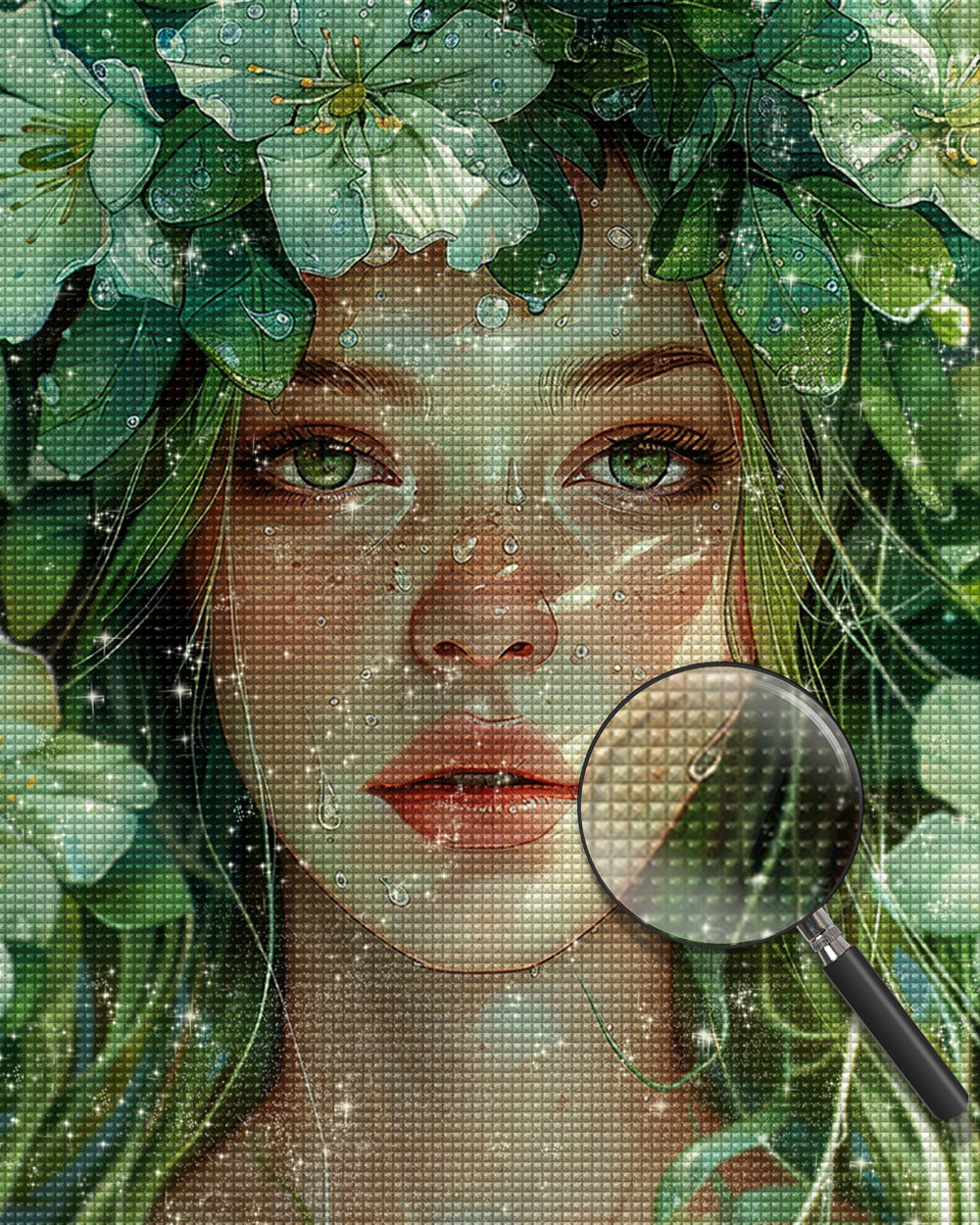 Grünäugige Frauen und grüne Blumen Diamond Painting