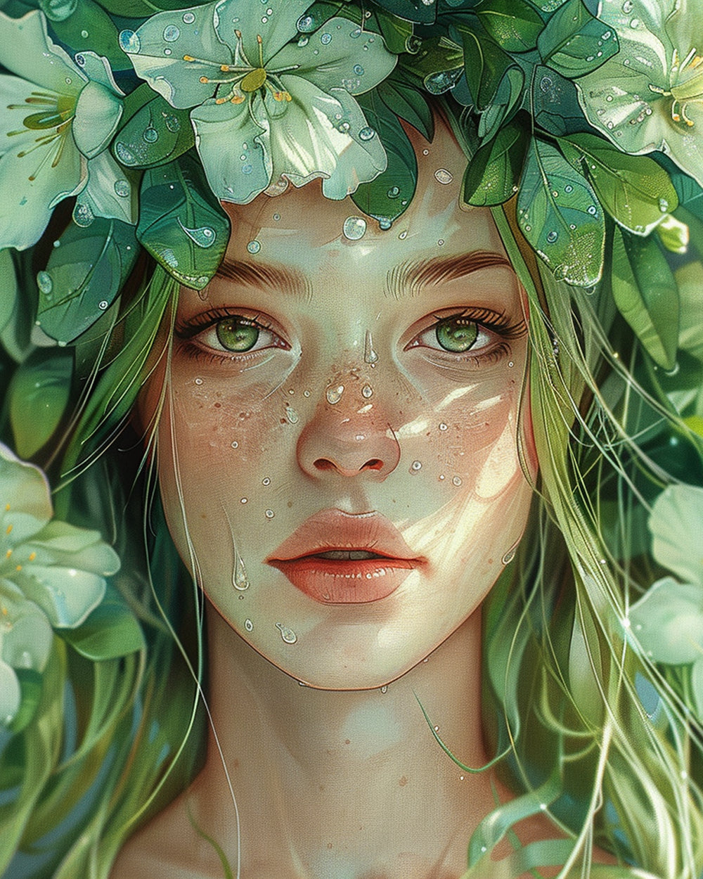 Grünäugige Frauen und grüne Blumen Diamond Painting