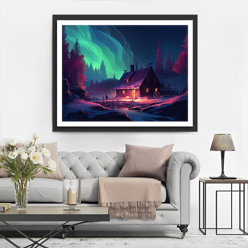 Grüne Aurora und Hütte Diamond Painting