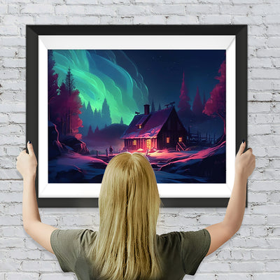 Grüne Aurora und Hütte Diamond Painting