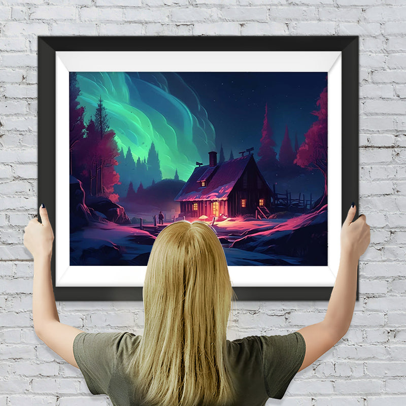 Grüne Aurora und Hütte Diamond Painting