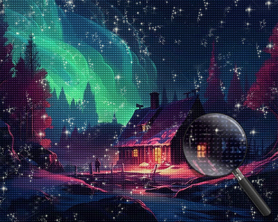 Grüne Aurora und Hütte Diamond Painting