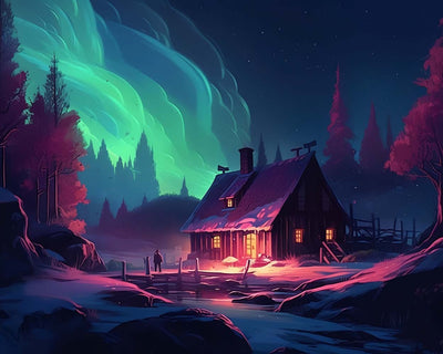 Grüne Aurora und Hütte Diamond Painting