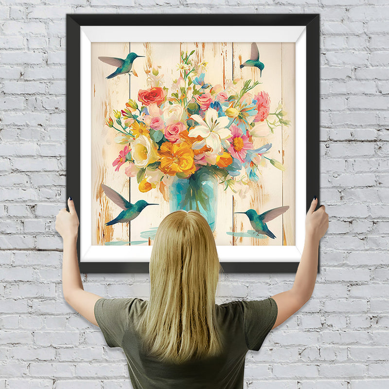 Grüne Kolibris und Blumenstrauß Diamond Painting