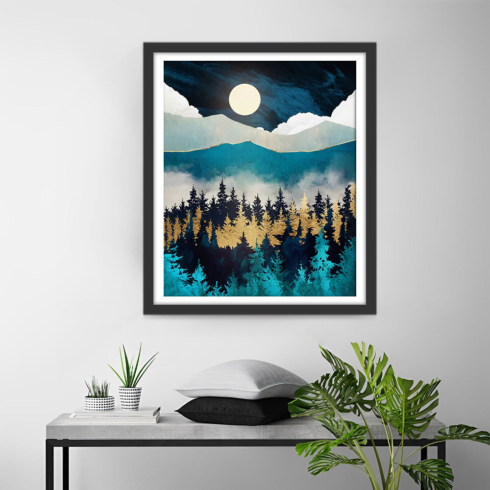 Grüne und goldene Berge und Wälder Diamond Painting