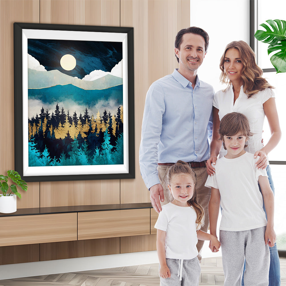 Grüne und goldene Berge und Wälder Diamond Painting