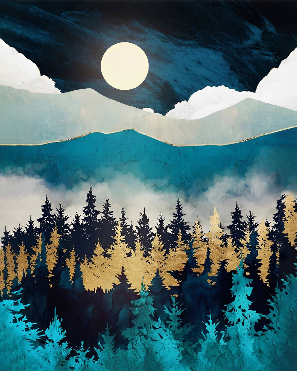 Grüne und goldene Berge und Wälder Diamond Painting