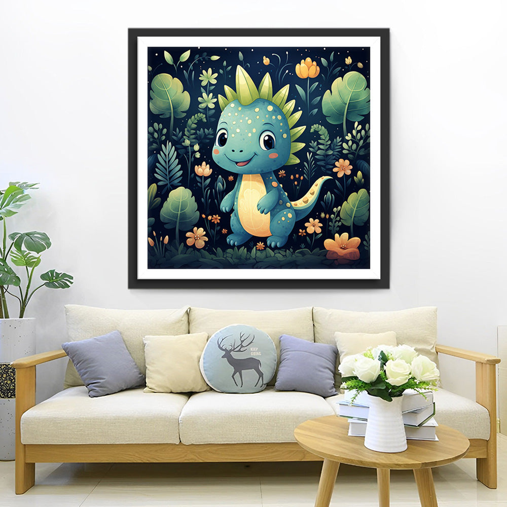 Grüner Cartoon-Dinosaurier im Dschungel Diamond Painting