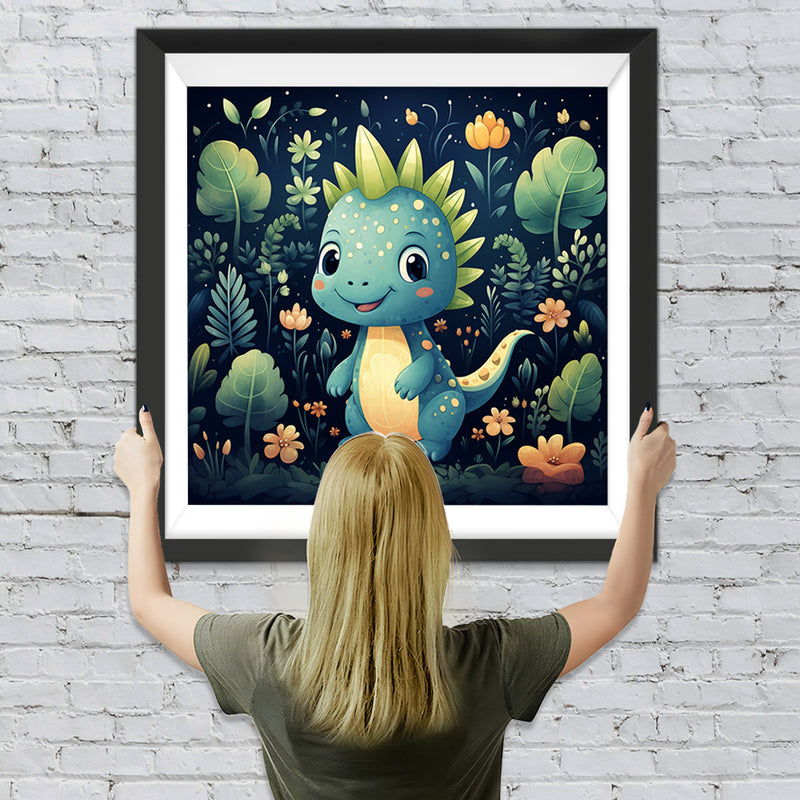 Grüner Cartoon-Dinosaurier im Dschungel Diamond Painting