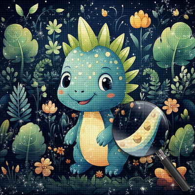 Grüner Cartoon-Dinosaurier im Dschungel Diamond Painting