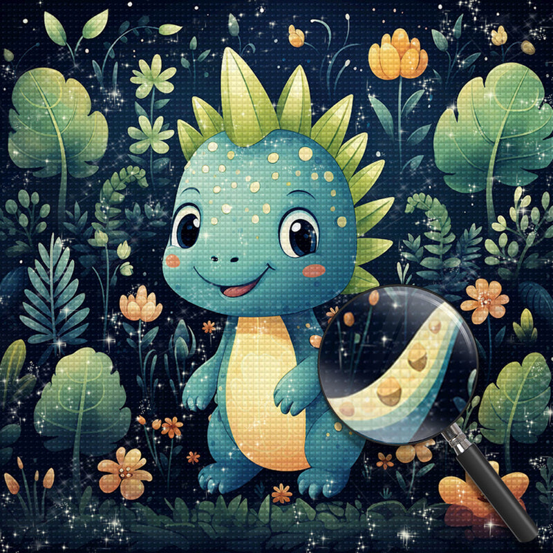 Grüner Cartoon-Dinosaurier im Dschungel Diamond Painting