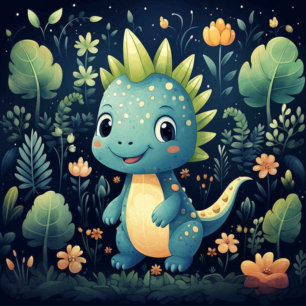 Grüner Cartoon-Dinosaurier im Dschungel Diamond Painting