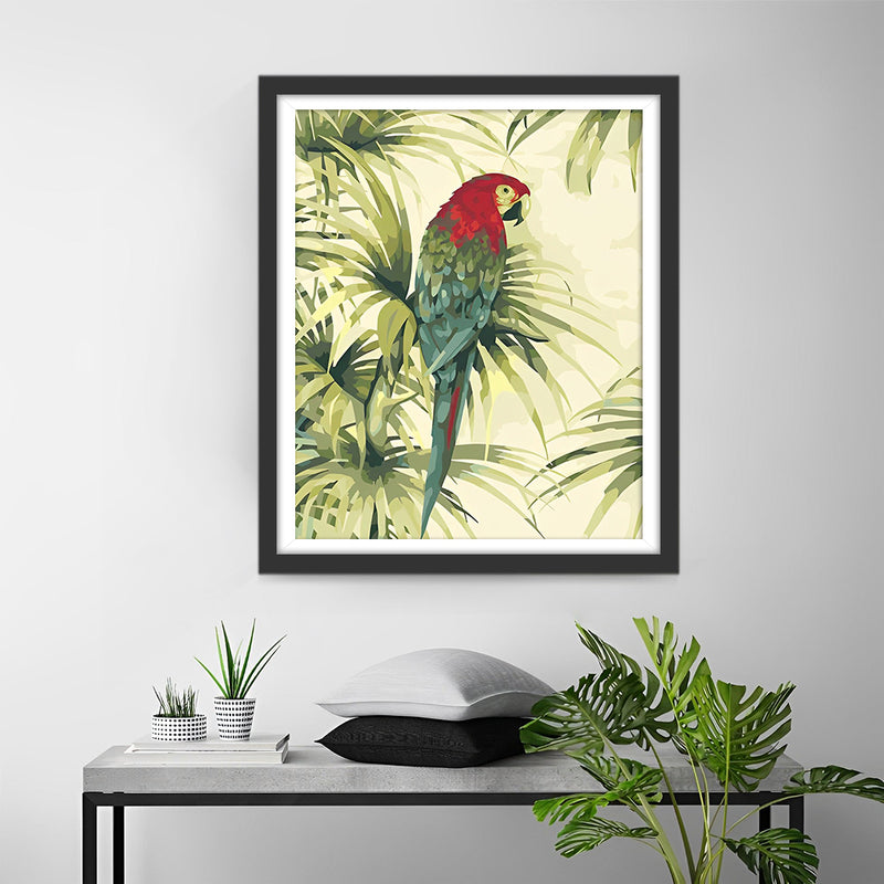Grüner Papagei und Blätter Diamond Painting