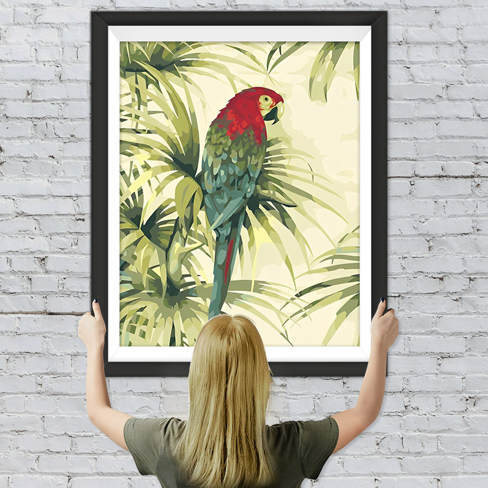 Grüner Papagei und Blätter Diamond Painting