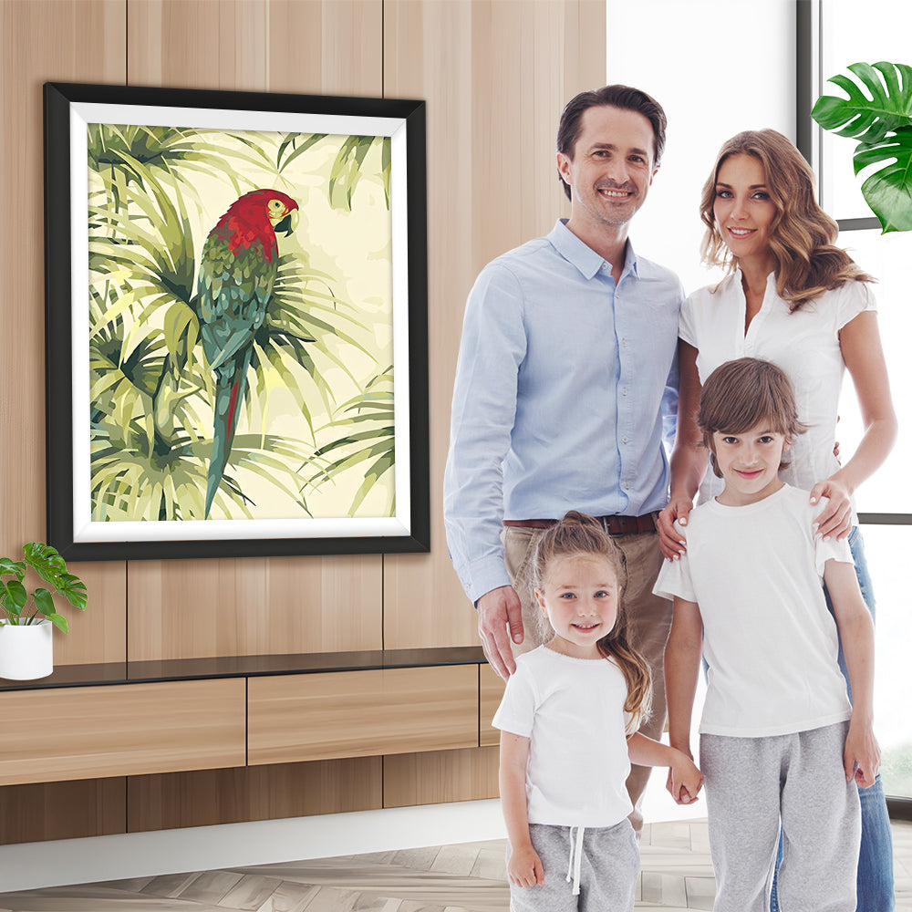 Grüner Papagei und Blätter Diamond Painting