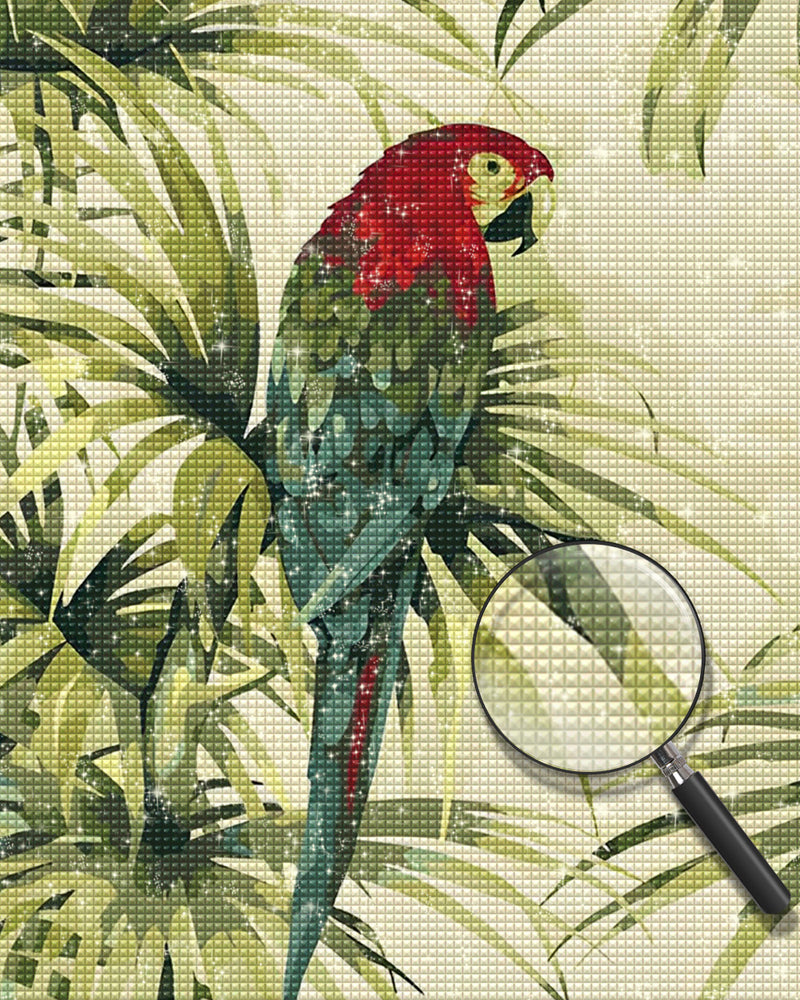 Grüner Papagei und Blätter Diamond Painting