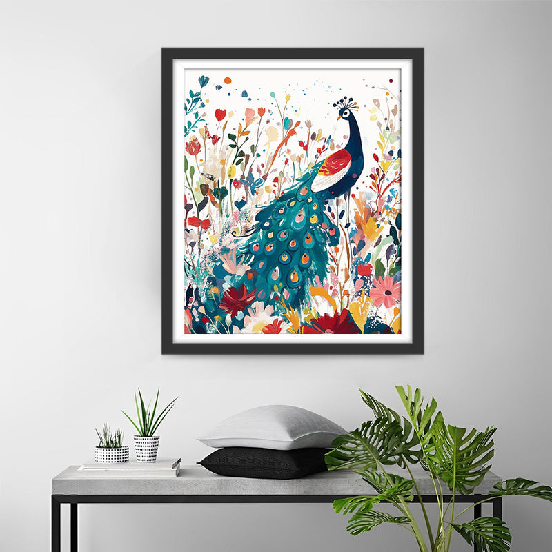 Grüner Pfau im Blumenteich Diamond Painting