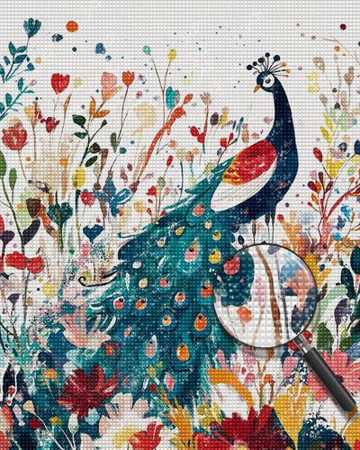Grüner Pfau im Blumenteich Diamond Painting