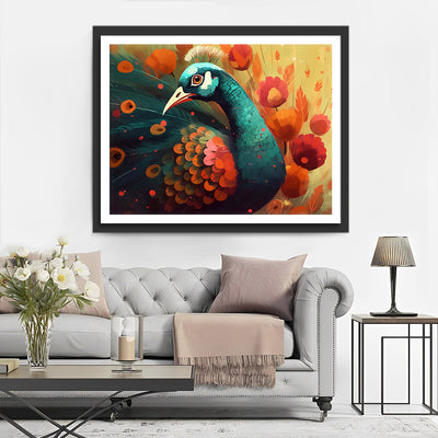Grüner Pfau und rosa Blumen Diamond Painting
