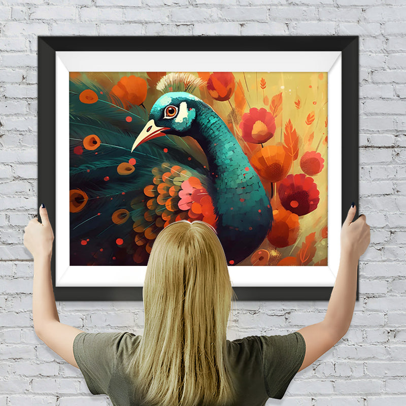 Grüner Pfau und rosa Blumen Diamond Painting