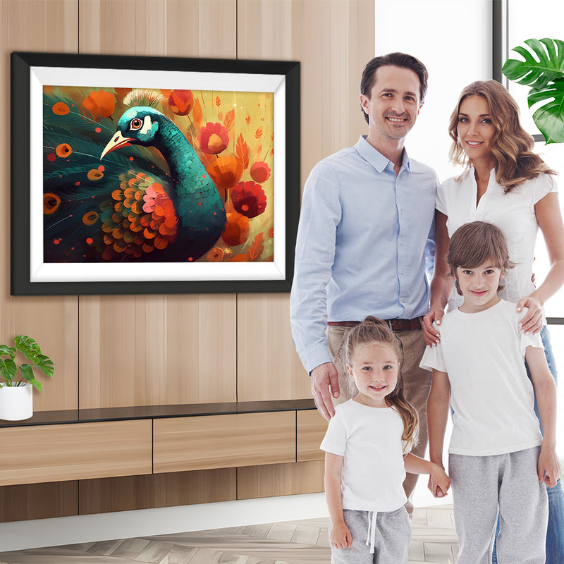 Grüner Pfau und rosa Blumen Diamond Painting