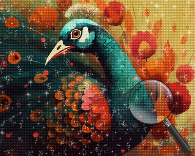 Grüner Pfau und rosa Blumen Diamond Painting