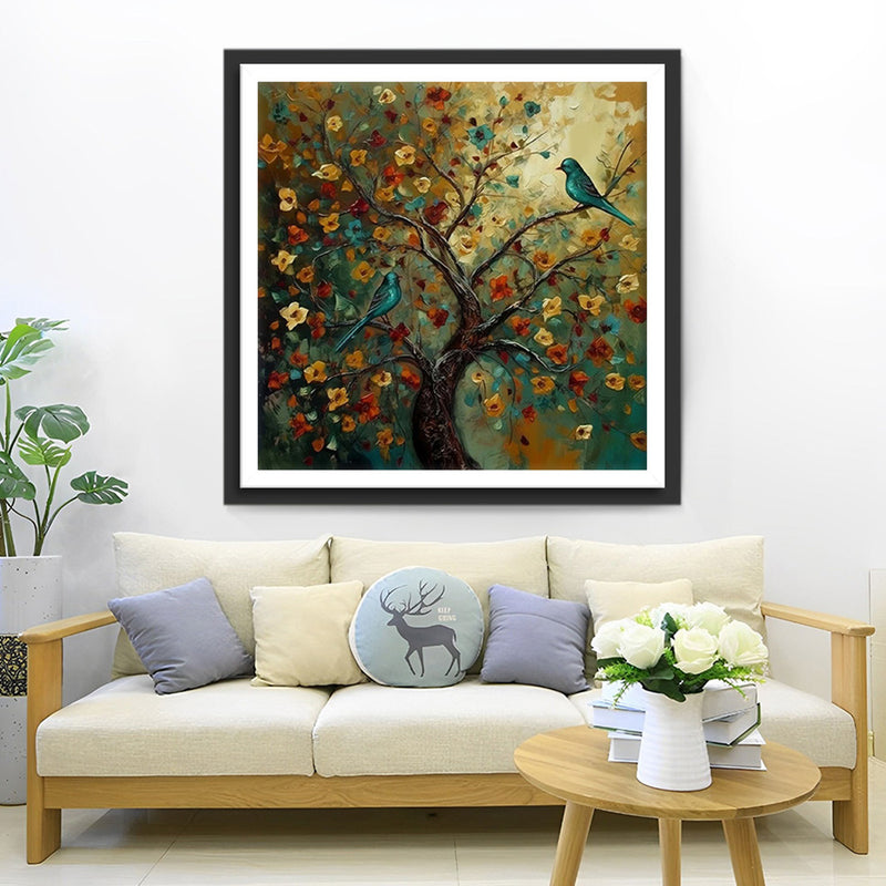 Grüner Vogel auf Blumenbaum Diamond Painting