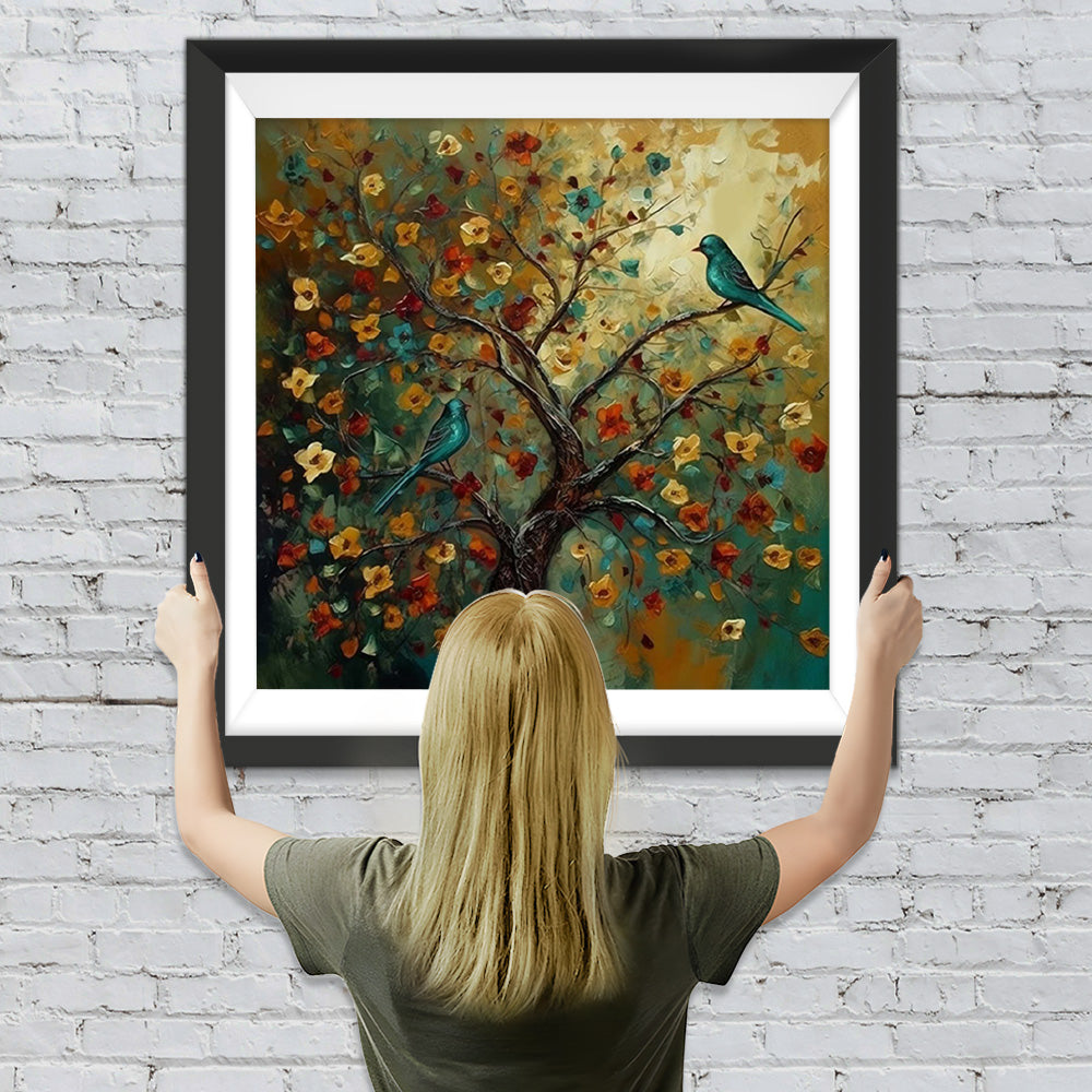 Grüner Vogel auf Blumenbaum Diamond Painting