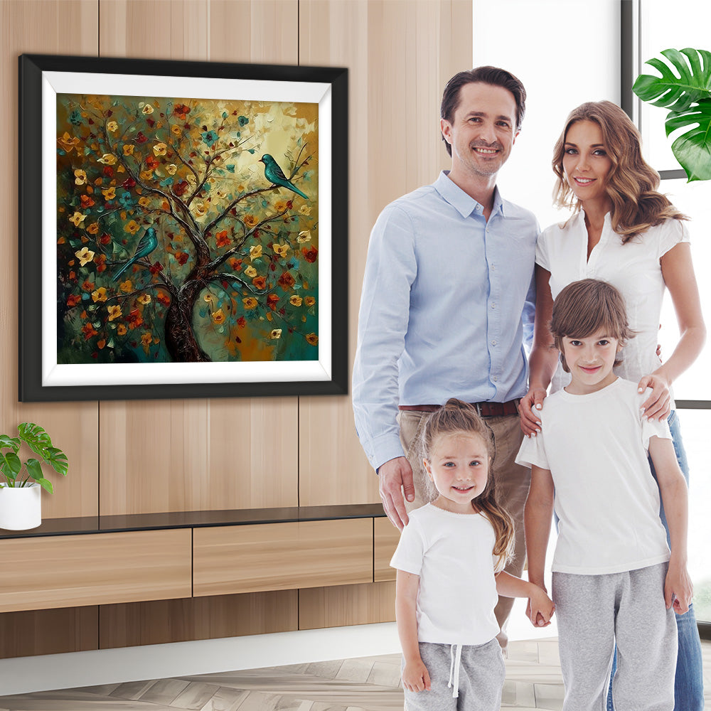 Grüner Vogel auf Blumenbaum Diamond Painting