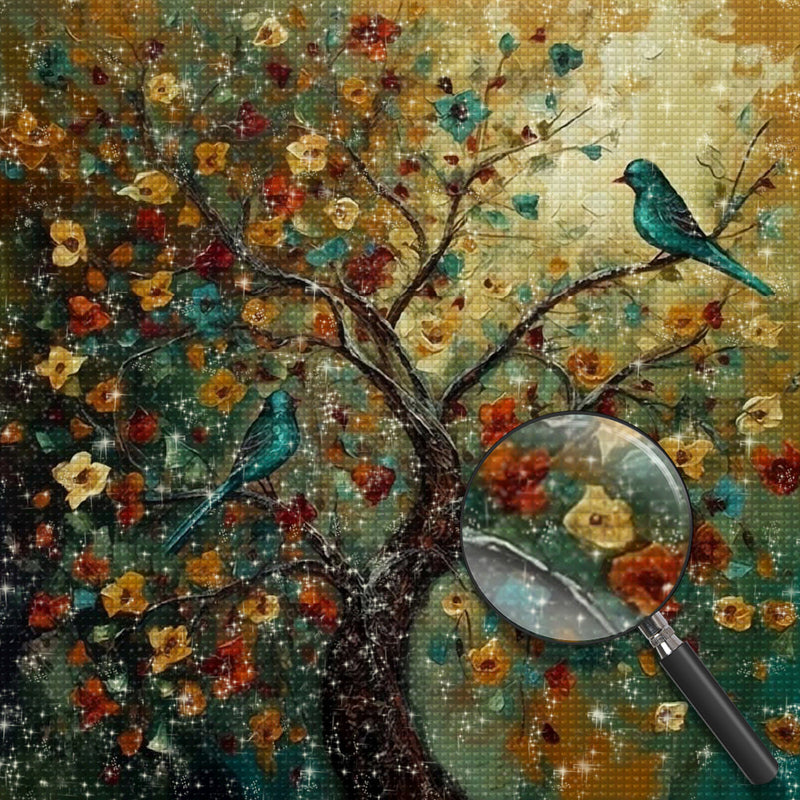 Grüner Vogel auf Blumenbaum Diamond Painting