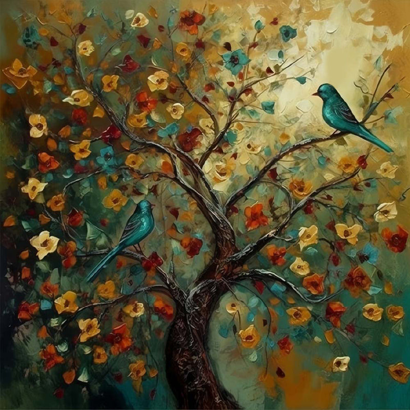 Grüner Vogel auf Blumenbaum Diamond Painting